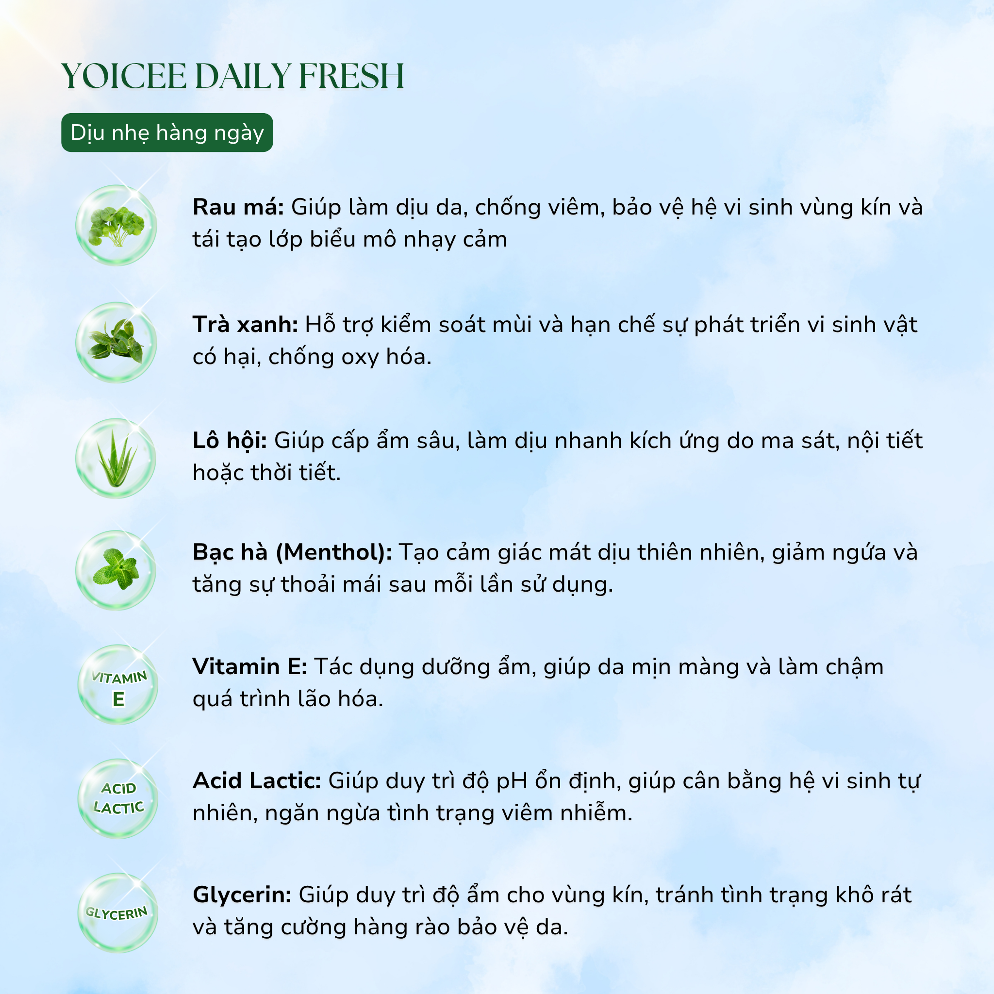 Công dụng của các thành phần dung dịch vệ sinh YOICEE Daily Fresh