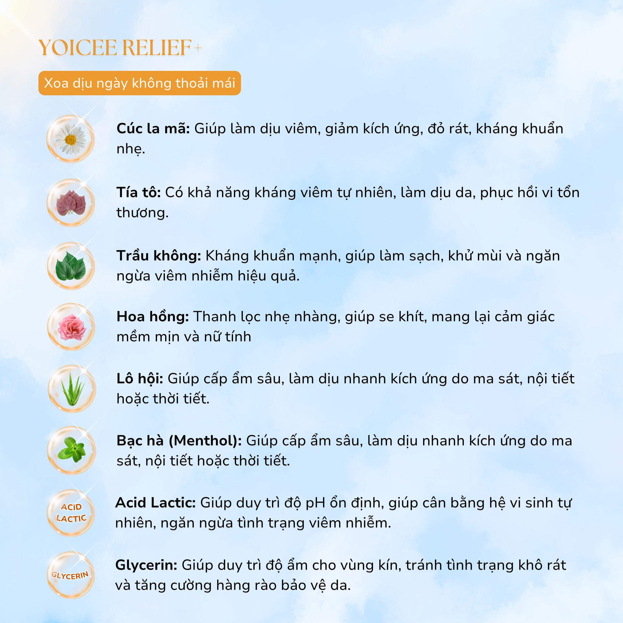 Công dụng của các thành phần dung dịch vệ sinh YOICEE Relief+